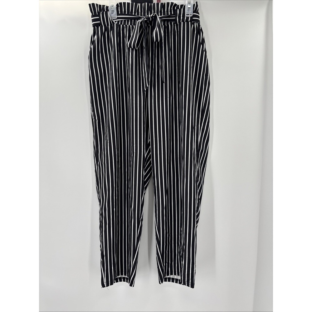 Freeprance Black White‎ Striped Paper Bag Waist High Waisted Tie Belt Silky XXl